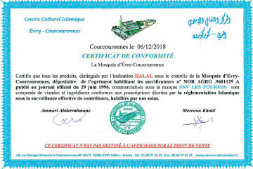 Certificat de conformité sous le contrôle de la mosquée d'Evry - Boucherie Halal Les Prairies - Valliquerville - Yvetot - Rouen - Le Havre